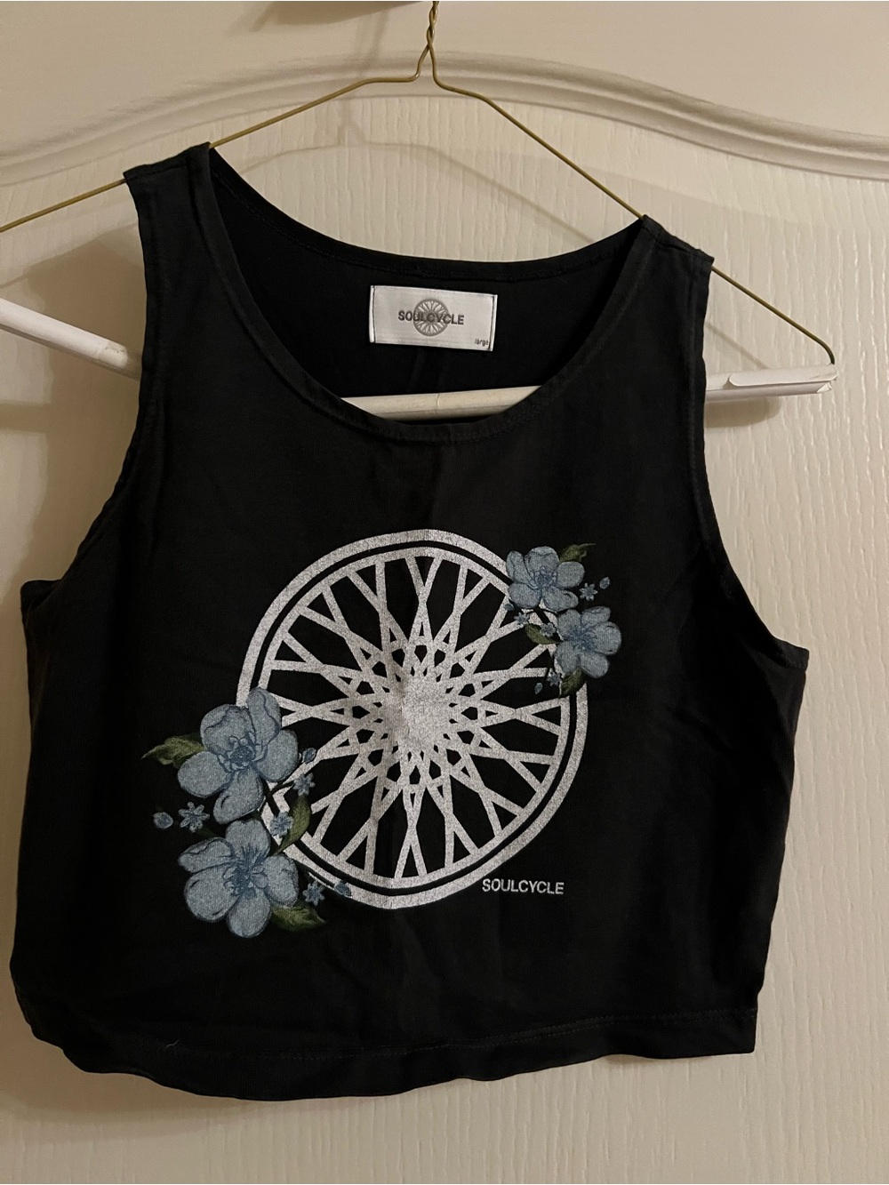 soulcycle Black Crop Tank with Silver Wheel and Blue Floral Accents